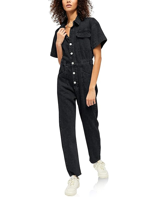 PLNOTME Womens Short Sleeve Denim Jumpsuit Button Down Elastic Waist Jeans Long Pants Romper with... | Amazon (US)