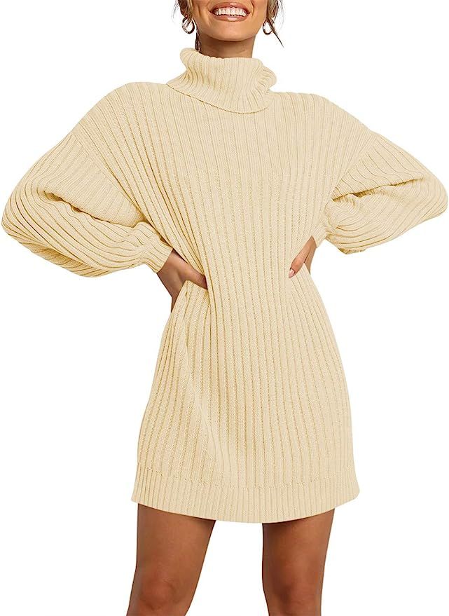 MILLCHIC Women Turtleneck Long Lantern Sleeve Sweater Dress Winter Casual Loose Knit Oversized Pu... | Amazon (US)