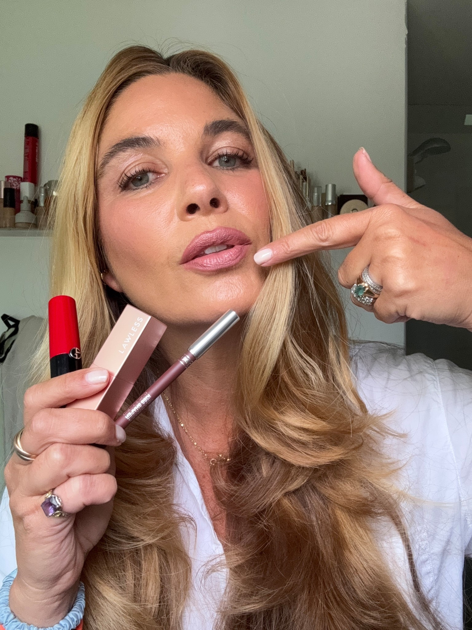 Lip liner: YSL Spicy Smoke 
Lipstick: Armani 503 Eccentrico 
Lipstick: Lawless Platinum 
Hair: Sea Glass + T3 hot rollers 

#LTKBeauty #LTKmorningroutine #LTKdayinmylife