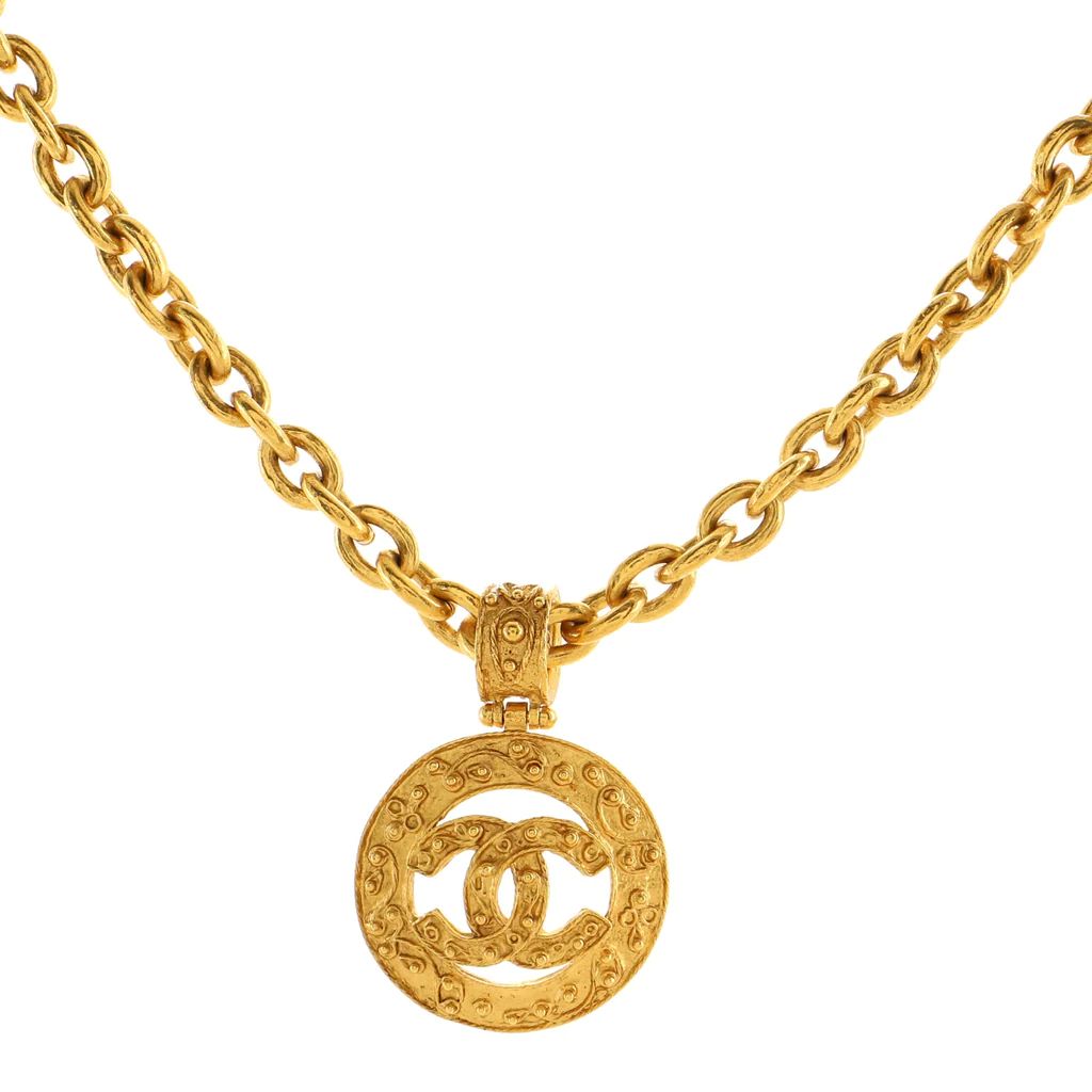 Chanel Vintage CC Round Cut-Out Pendant Necklace Metal Gold 12657380 | Rebag