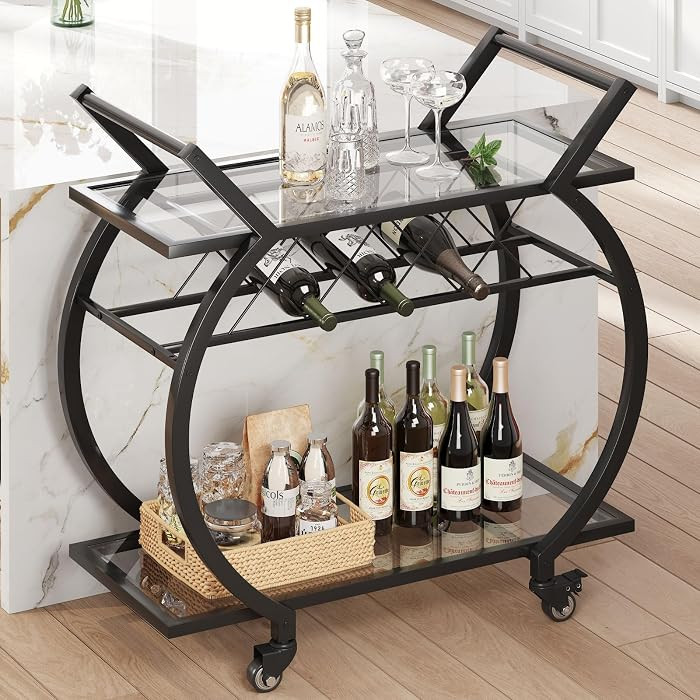 LVB Bar Cart with Glass, Black Bar Cart with Wheels, Home Bar Serving Cart with 2 Tier Storage Gl... | Amazon (US)
