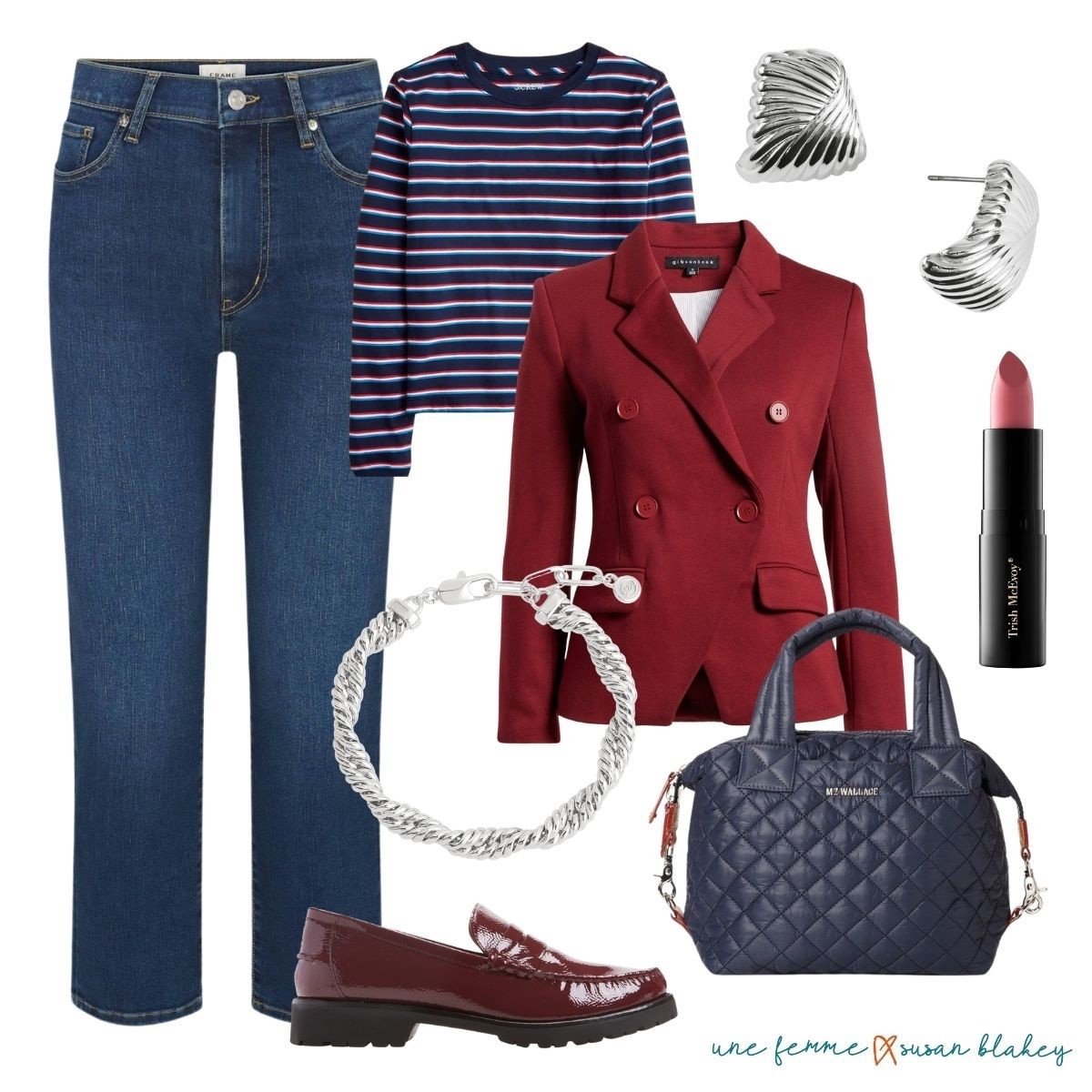 Travel style, but make it chic ✈️ I kept it simple with classic denim jeans and a striped long-sleeve tee, then added a pop of polish with this red structured blazer. Loafers keep it comfortable for walking but still pulled together—perfect for a day of exploring and still feeling stylish when it’s time for dinner. Timeless pieces, easy to mix and match, and always ready for the journey ahead. 💙❤️✨ 

#LTKSeasonal #LTKPetite #LTKOver40