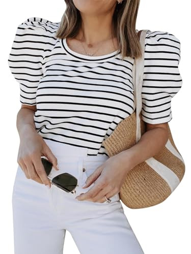 Tankaneo Womens Casual Summer T Shirts Striped Puff Short Sleeve Loose Fit Tunic Top | Amazon (US)