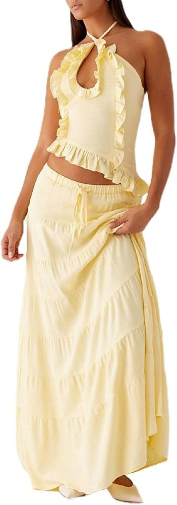Y2k Ruffle Long Skirt Sets for Women 2 Piece Outfits Summer Ruched Backless Cami Top Matching Boh... | Amazon (US)