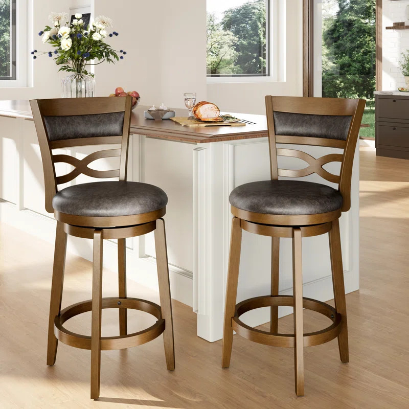 26\u201d Vintage Upholstered Wood Counter Stool With Wide Back And Faux Leather Seat (Set of 2) | Wayfair North America