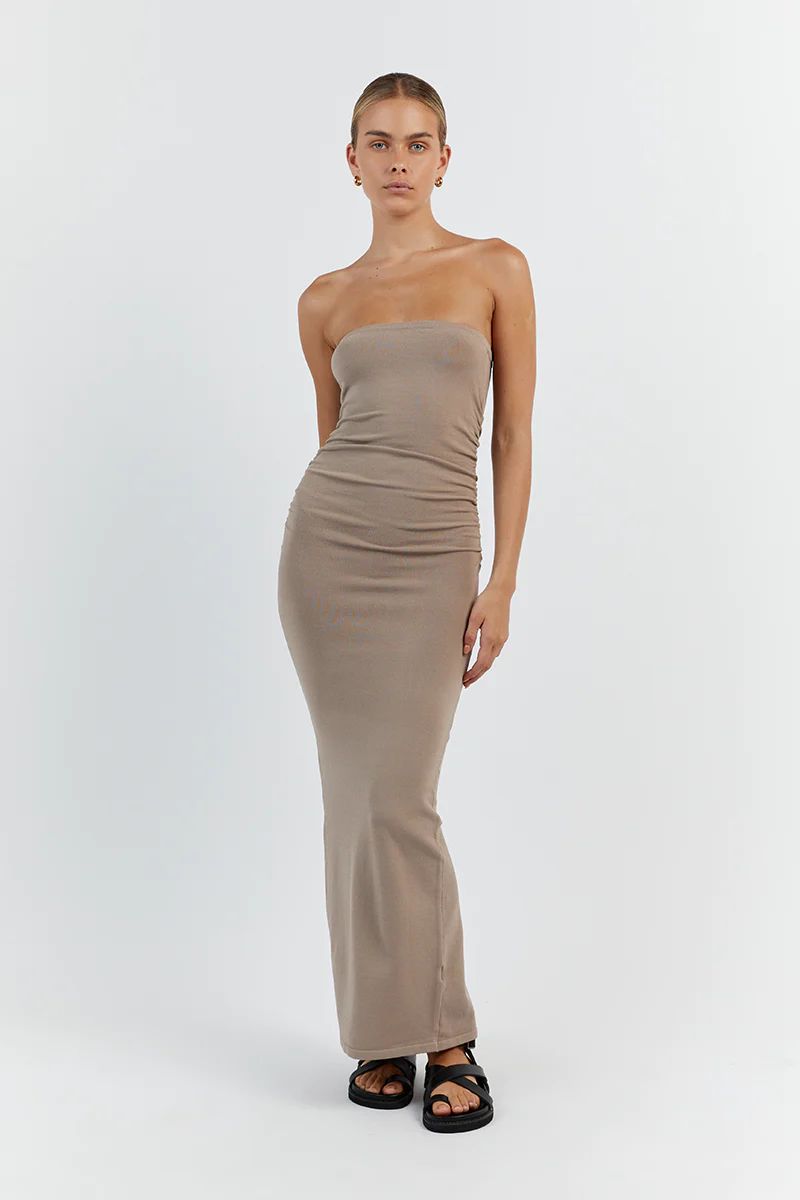 CARRIE TAUPE RUCHED MIDI DRESS | DISSH