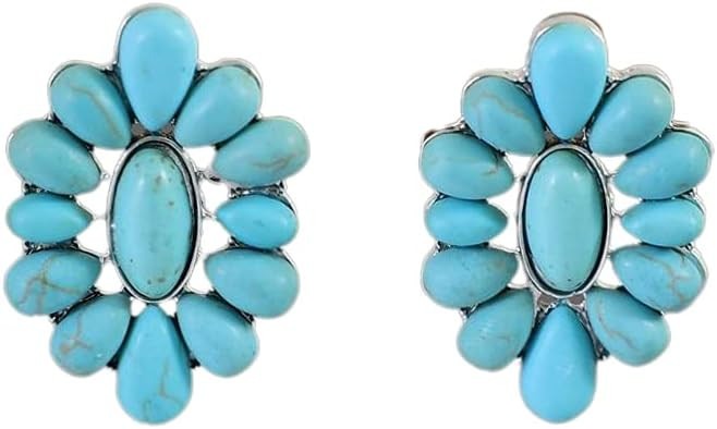 Western Earrings Boho Turquoise Oval Drop Dangle Earrings for Women Beaded Western Flower Teardrop Earrings Vintage Ethnic Alloy Pendant Jewelry Gift | Amazon (US)