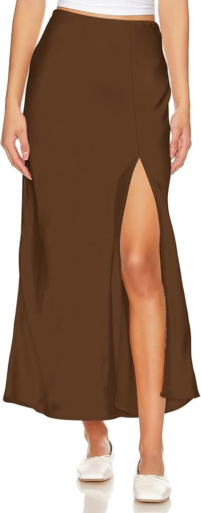 Women's Satin High Waisted Side Split Maxi Skirt Elastic Waistband Zipper Long Skirts | Amazon (CA)