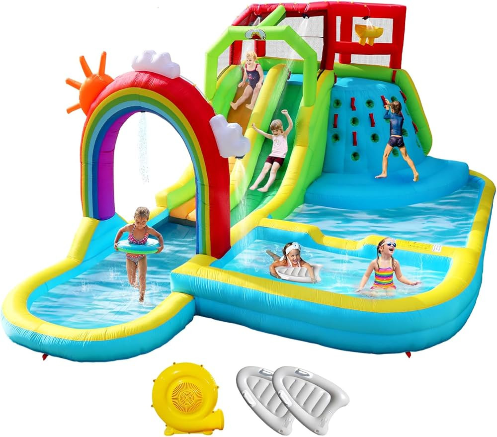 WELLFUNTIME Inflatable Water Double Slides Park with Blower, Bouncy Castle with Rainbow Water Cur... | Amazon (US)