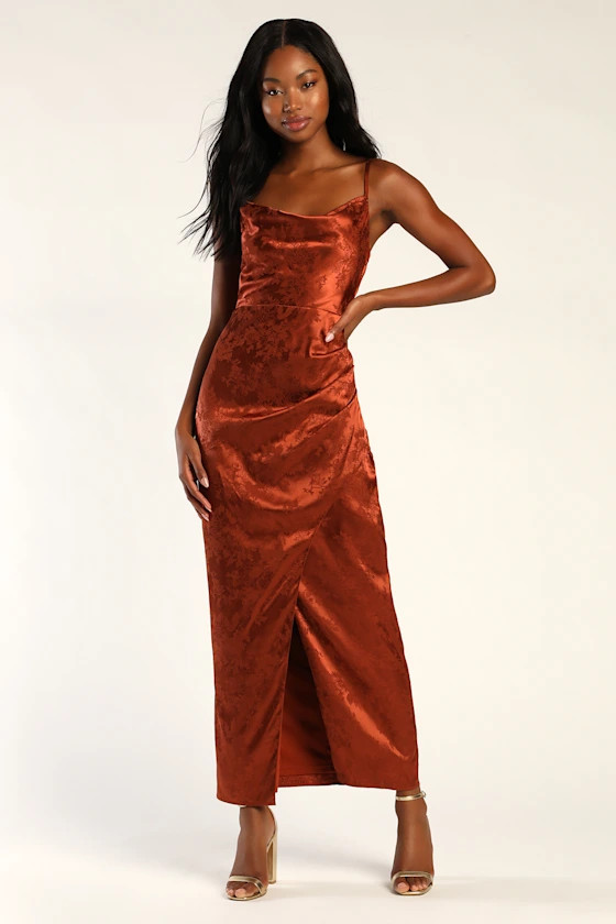 Under the Moonlight Rust Orange Satin Jacquard Maxi Dress | Lulus (US)
