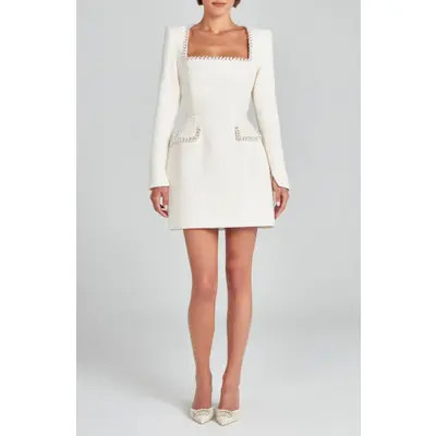 NADINE MERABI Natalie Beaded Long Sleeve Sheath Minidress in Cream at Nordstrom, Size 4 | Nordstrom