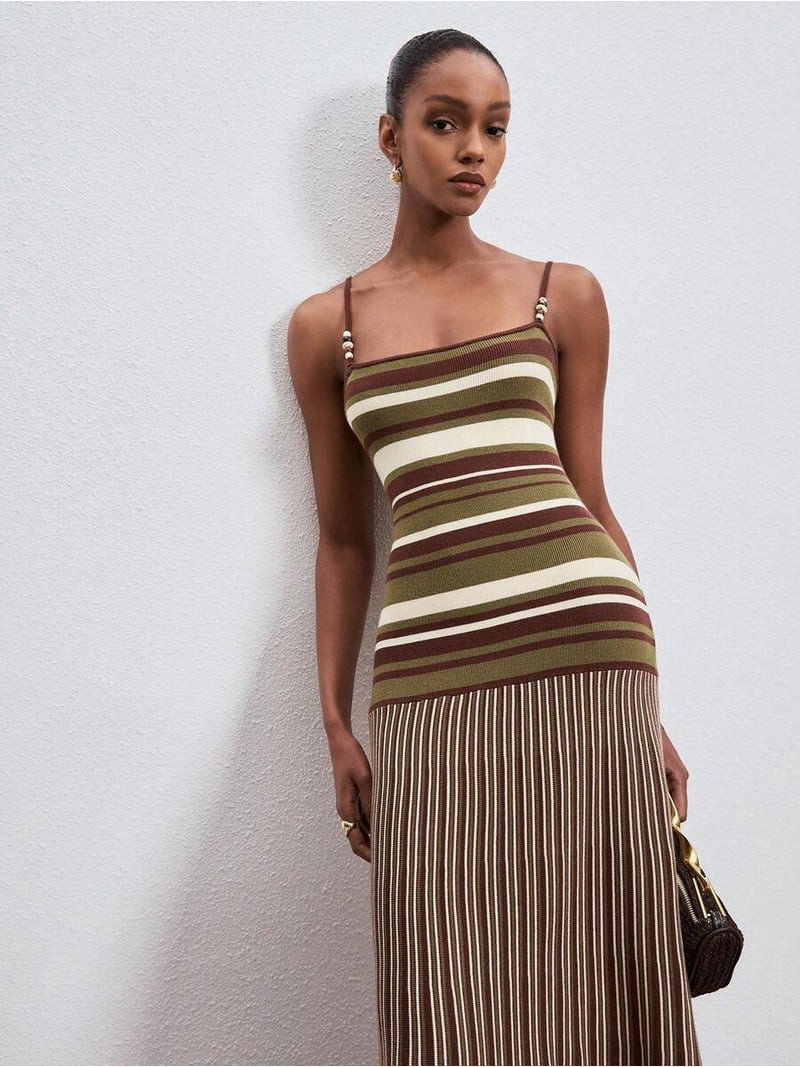 Women's Striped Knit Camisole Dress With Beaded Shoulder Straps - Elegant Wool Blend Summer Dress... | Walmart (US)