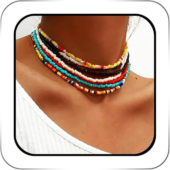 Boho Layered Beaded Necklaces Colorful Beads Choker Necklace Handmade Cute Chokers Set Beach Adju... | Amazon (US)