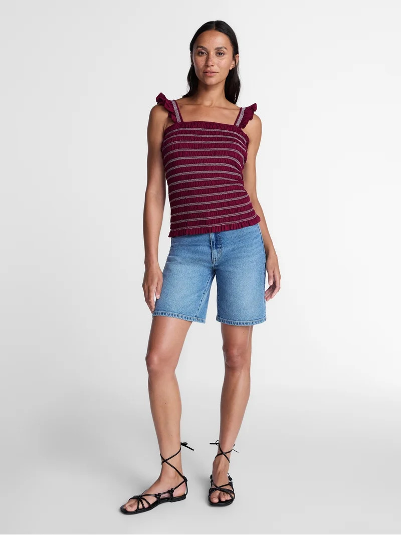 Time and Tru Women's Smocked Cotton Tank Top with Ruffle Straps, Sizes XS-XXXL | Walmart (US)