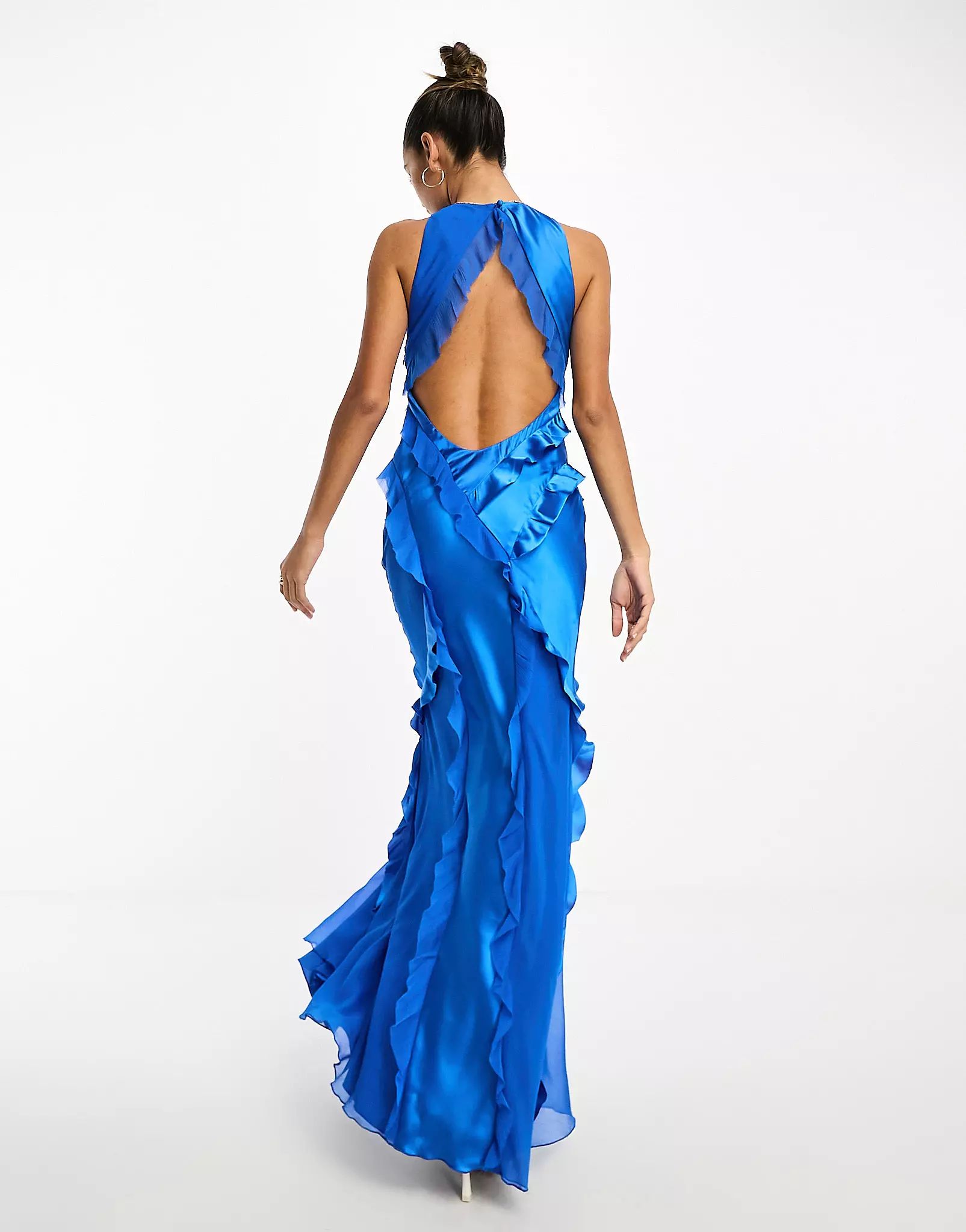 ASOS DESIGN ruffle satin mix racer neck maxi dress in cobalt blue | ASOS (Global)