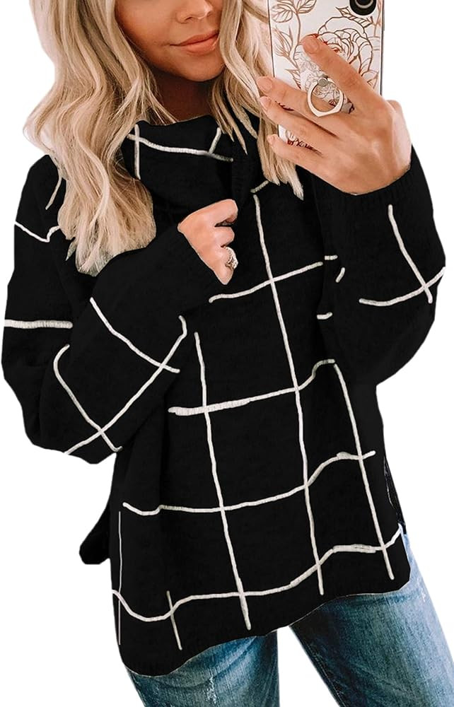 ECOWISH Women Pullover Sweater Turtleneck Plaid Long Sleeve Loose Casual Chunky Checked Knitted W... | Amazon (US)