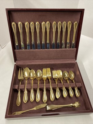 Farberware Gold Plated Flatware Service for 12 Breeze Gold Wood Box Nice Shape | eBay US