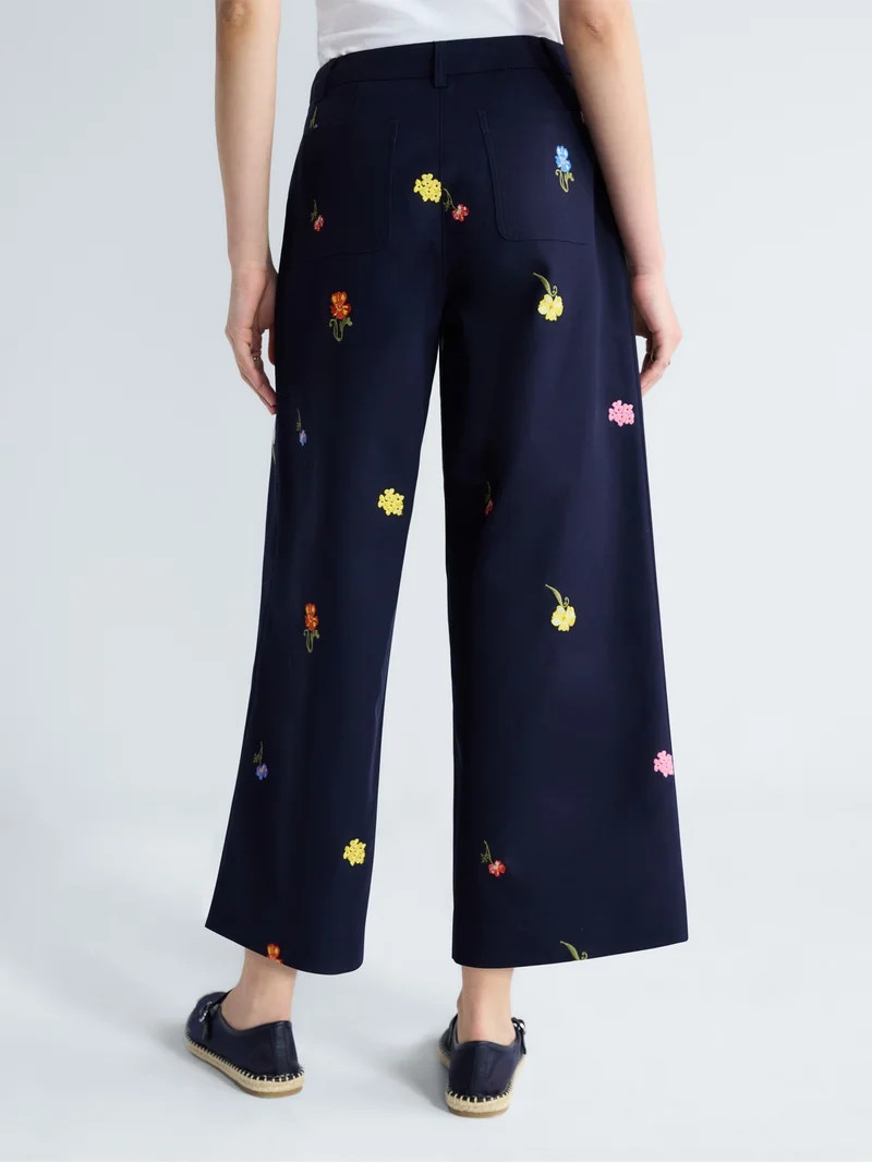Free Assembly Women's Embroidered Wide Leg Cropped Pants, 26" Inseam, Sizes 0-18 | Walmart (US)