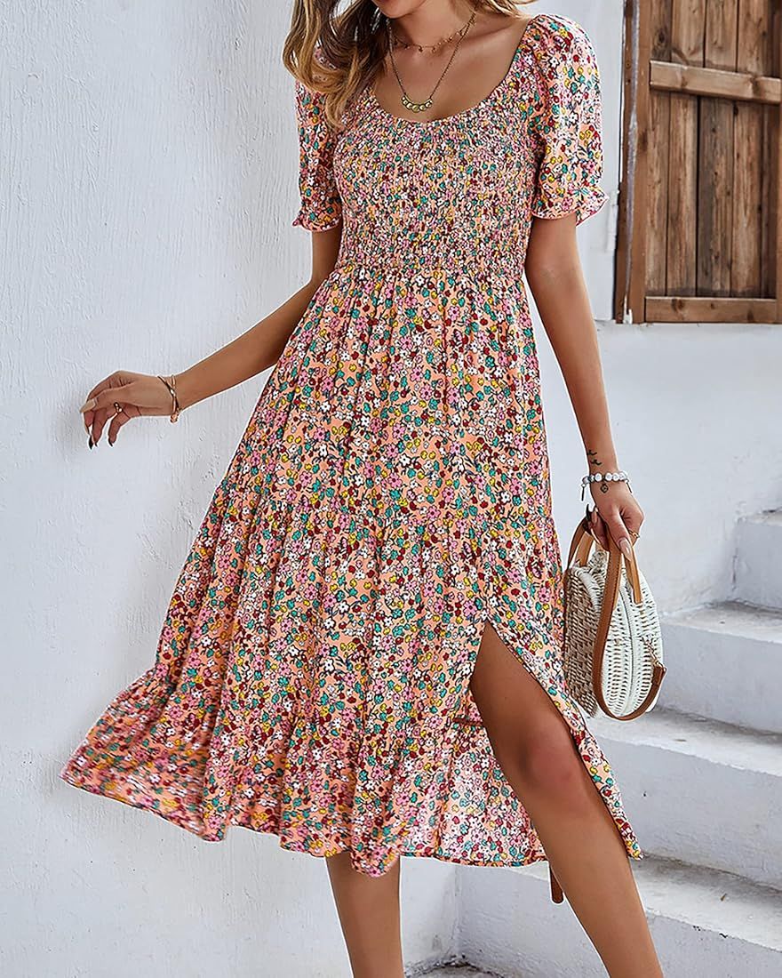 Fesier Women's Summer Floral Print Scoop Neck Midi Dress Casual Boho Short Sleeve Smocked Split Swin | Amazon (US)