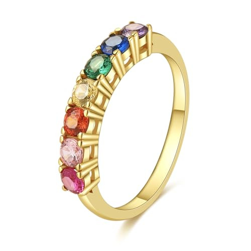 E Rainbow Rings 14K Gold Plated Ring for Women Eternity Jewelry Rings Band Colorful Round Cubic Zirconia CZ Wedding Rings Dainty Gold Rings for Women (10, square cz) | Amazon (US)