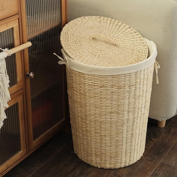 Handmade Wicker Laundry Basket with Lid,Hand-woven Laundry Hamper with Removable Liner,Large Laun... | Amazon (US)