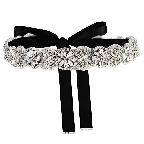 yanstar Handmade Wedding Bridal Belts and Sashes Silver Crystal Rhinestone Black Ribbon Belt for Wedding Bridesmaid Prom Gowns | Amazon (US)