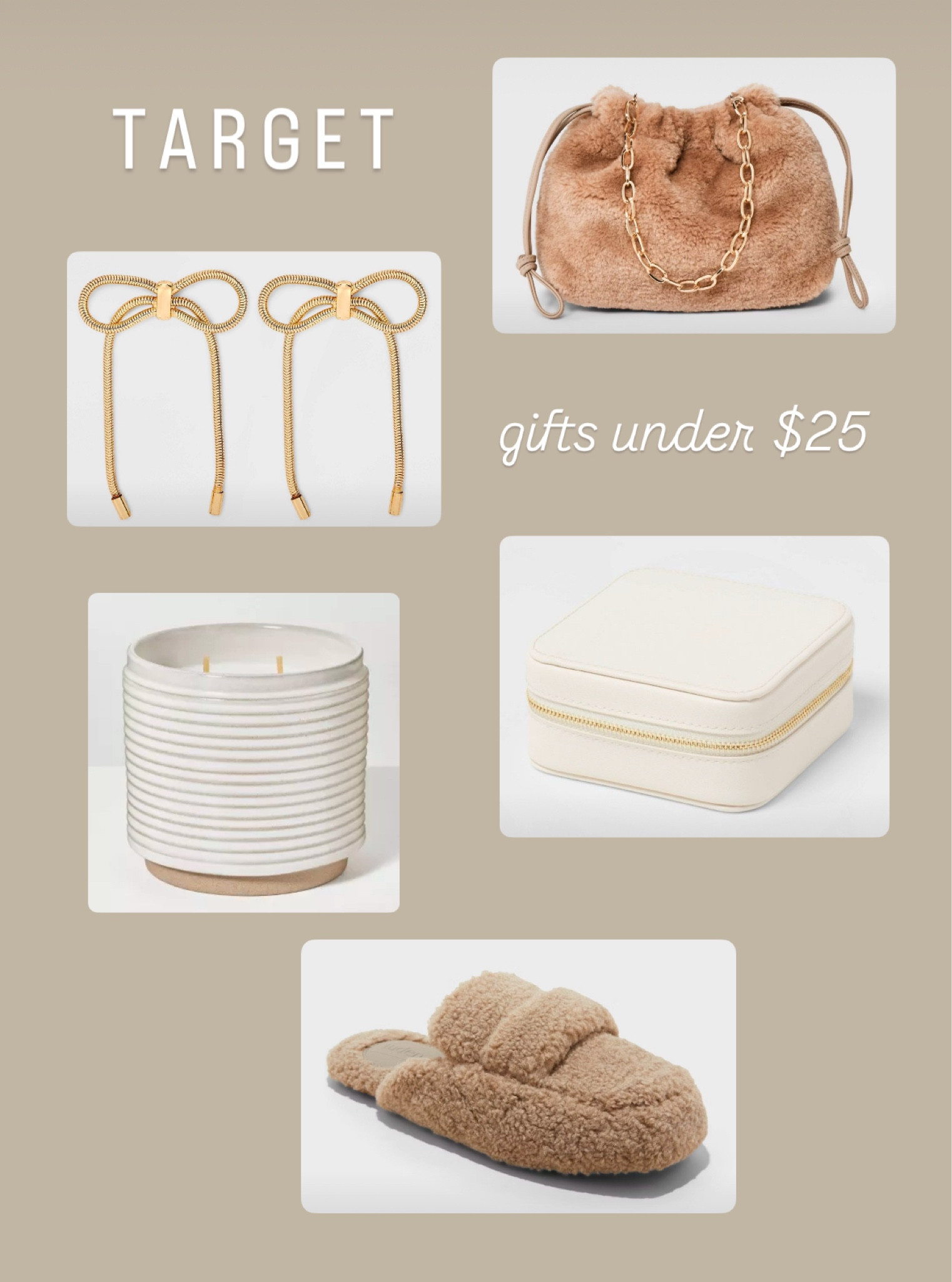 Women’s gift ideas. Fuzzy slippers. Cozy slippers. Jewelry box. Travel jewelry organizer. Candle. Gold bow earrings. Women’s faux fur clutch. Christmas gifts under $25.

#LTKFindsUnder50 #LTKHoliday #LTKGiftGuide