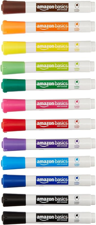 Amazon Basics Low-Odor Chisel Tip Dry Erase White Board Marker, Assorted Colors - Pack of 12 | Amazon (US)