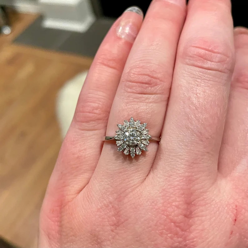 Ready to Ship: Moissanite Diamond Cluster Ring set in Solid Sterling silver, Retro 1950s Sunburst... | Etsy (US)