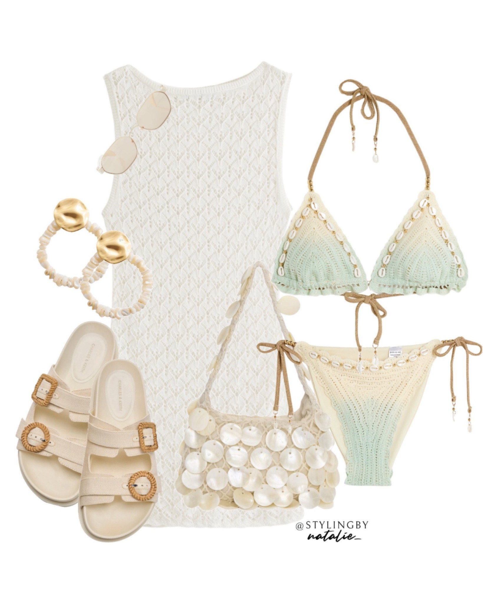 Beach wear, crochet dress, ombré sea shell bikini, sea shell crochet bag, sandals and sunglasses. Cover up, swimwear, resort wear, vacation look, holiday outfit, beach fashion.

#LTKstyletip #LTKswimwear #LTKsummer