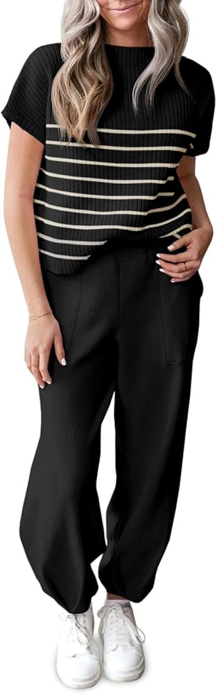 Tankaneo Women Striped Sweater Set Knit Sweatsuit Short Sleeve Two Piece Clothing Sets Tracksuit | Amazon (US)