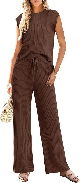 Imily Bela Womens 2 Piece Outfits Sleeveless Ribbed Knit Tops Wide Leg Pants Summer Vacation Swea... | Amazon (US)
