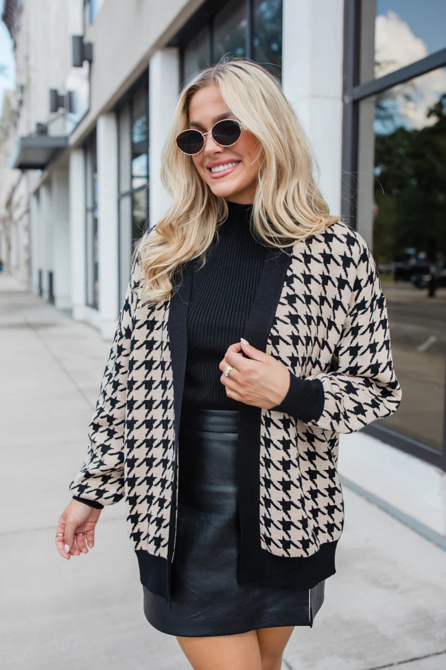Trying Your Best Tan Houndstooth Cardigan | Pink Lily