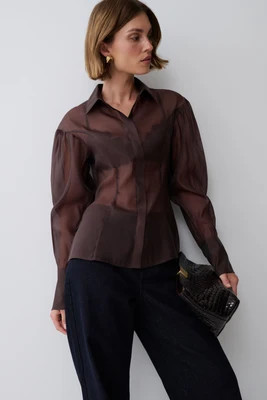 Charlotte Organza Sheer Shirt / Dark Chocolate | MESHKI | M | MESHKI US