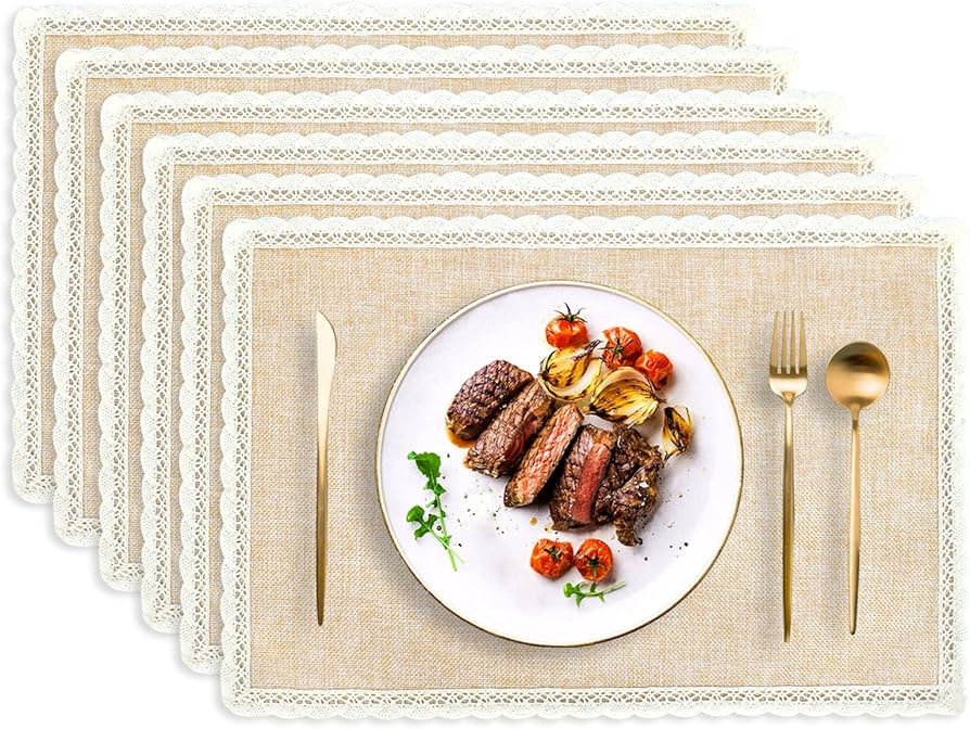 Burlap Placemats, Set of 6 Farmhouse Place Mats, 18x11.6 in Two Layers Faux Linen Table Mats, Dec... | Amazon (US)