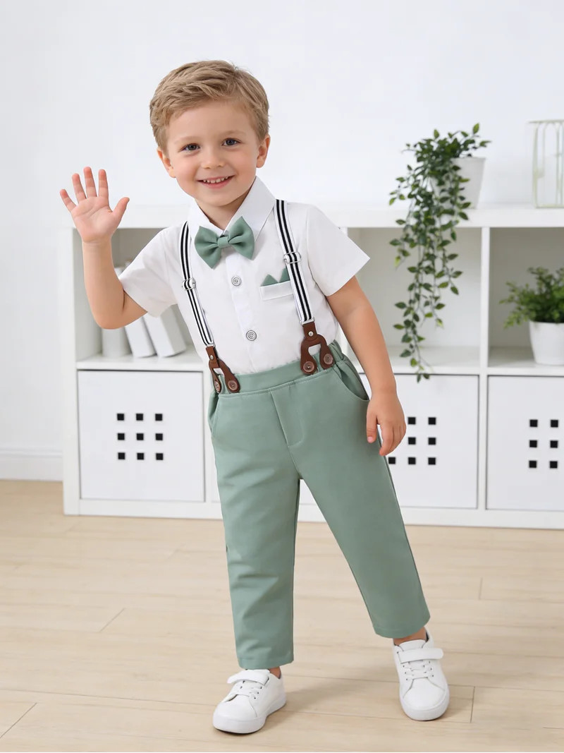 CARETOO Boy Clothes Set Toddler Boy Suit Formal Dress Shirt Bowtie Suspender Pants Wedding Cotton... | Walmart (US)