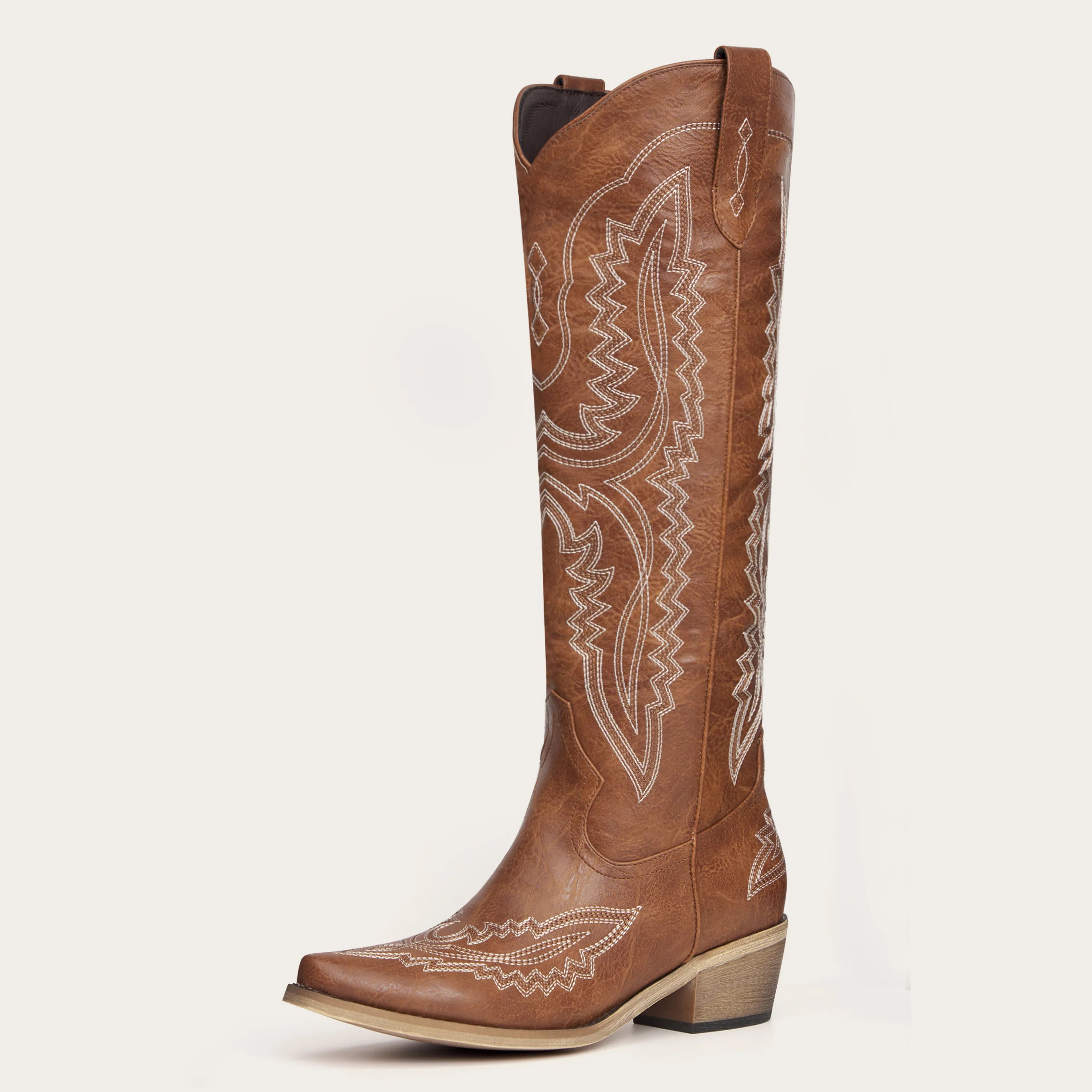 REDTOP Brown Tall Western Boots with White Embroidery - The Josie | REDTOP