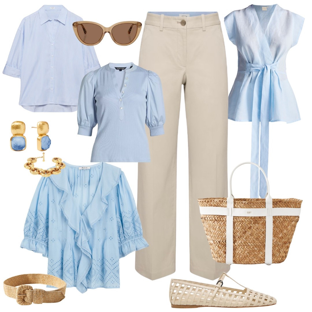 For a pretty spring look try khaki pants paired with a pretty blue top! The choices are endless!!

#LTKSeasonal #LTKStyleTip #LTKOver40