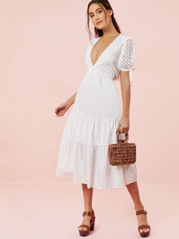 Embroidered Eyelet Shirred Puff Sleeve Midi Dress | SHEIN