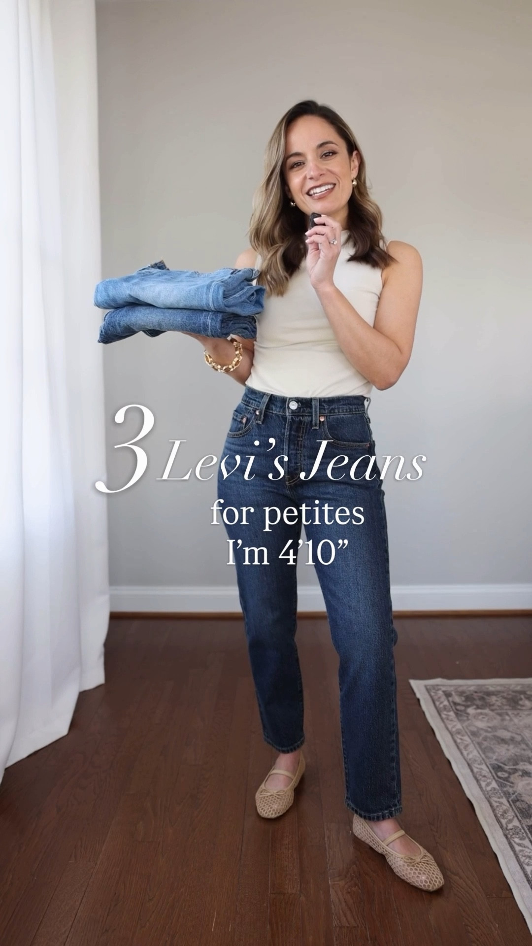 3 pairs of Levi’s jeans that fit my petite 4’10” frame. Inseam options from 26-27”. 

501 cropped: 24 x 26” in apply now wash | true to size | 10.5” rise (I misspoke in the video) | 99% cotton, low stretch 
501 90’s ankle: 23 x 27” in sleep hours wash | runs large, loosens with wear | 9.5” rise | lightweight style 
Ribcage ankle: 25 x 27” in on my honor wash | runs small | 12” rise | 99% cotton, low stretch 

Top (WHBM): xxs in pumice 
Shoes (J.Crew Factory): true to size 

My measurements for reference: I’m 4’10” and 105lbs. My bust, waist, and hip measurement is 32”, 24”, and 36”.

#LTKPetite