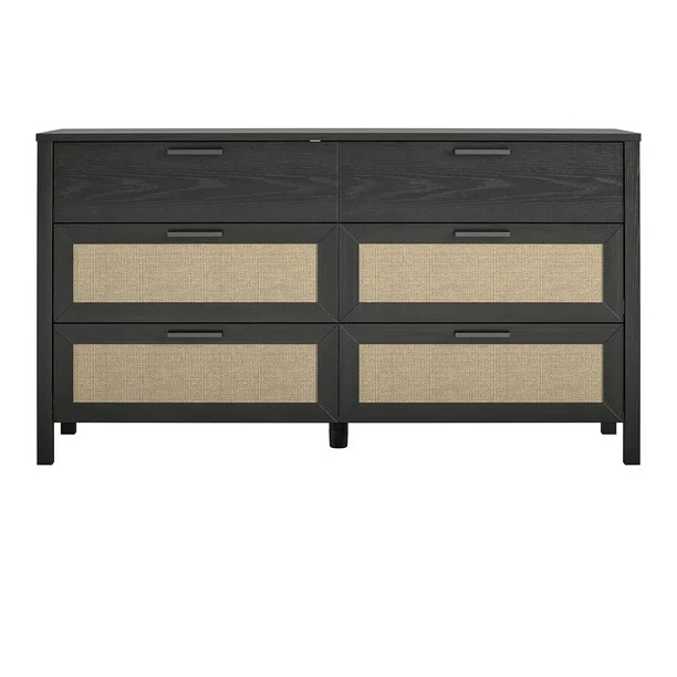 Queer Eye Wimberly 6 Drawer Dresser, Black Oak with Faux Rattan - Walmart.com | Walmart (US)