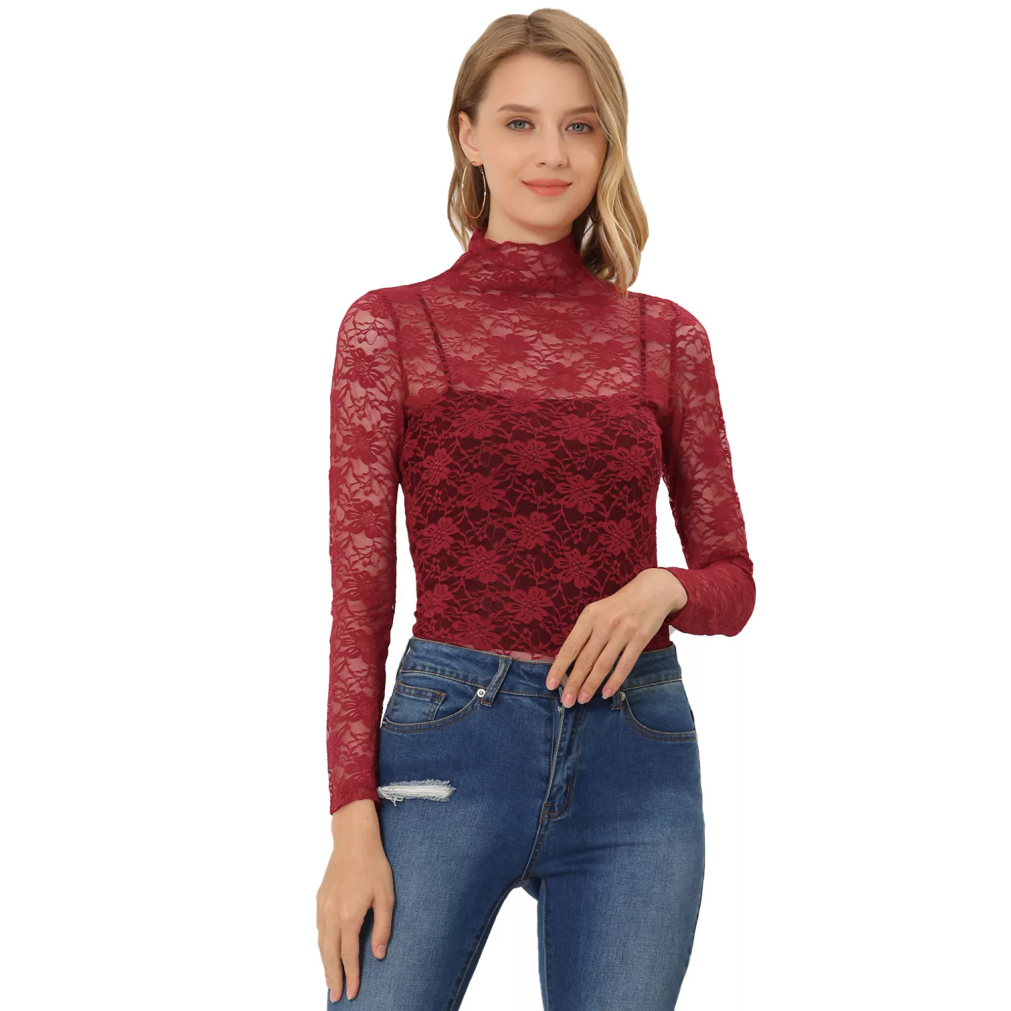 Women's See Through Long Sleeve Turtle-Neck Sheer Floral Lace Blouse Top | Kohl's