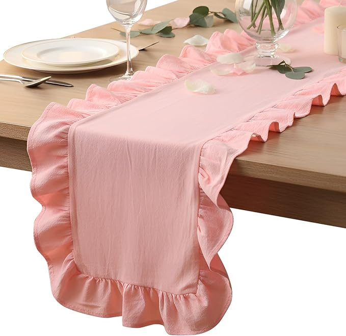 Oudain Pink Ruffle Table Runner Cotton Fabric 118 x 13.8'' Farmhouse Rustic Ruffled Edge Table Ru... | Amazon (US)