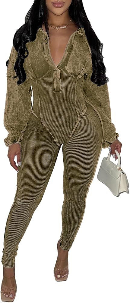 Womens Jumpsuits Casual Romper V Neck Bottom Pants Loose Long Sleeve Bodysuit Bodycon Sexy One Pi... | Amazon (US)
