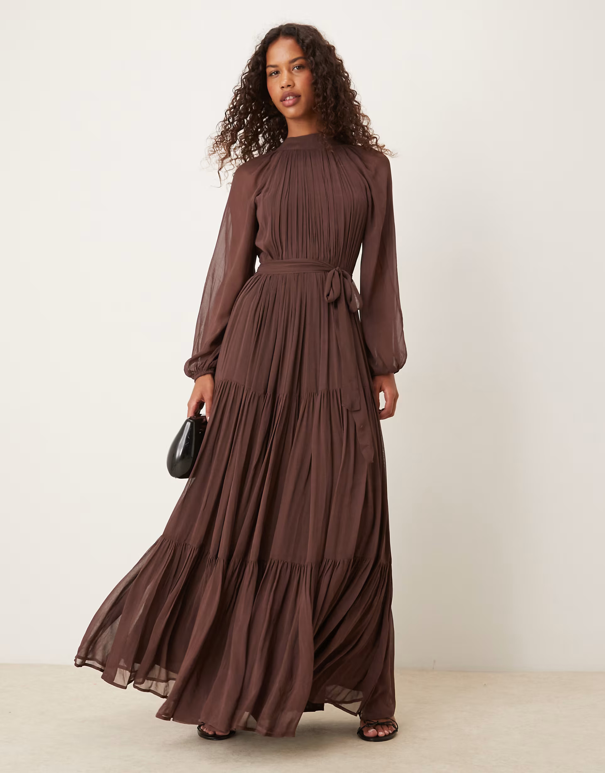 Lace & Beads chiffon balloon sleeve maxi dress in chocolate | ASOS | ASOS (Global)