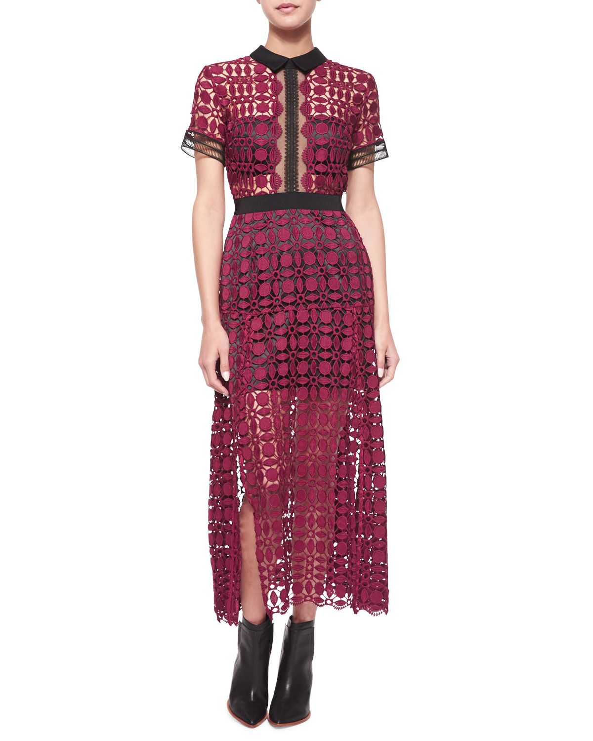 Short-Sleeve Guipure-Lace Midi Dress, Burgundy (Red), Size: 0 - Self Portrait | Neiman Marcus