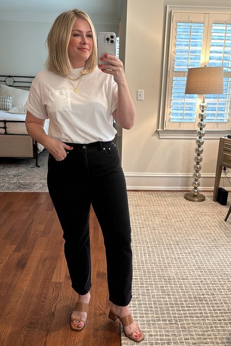 Black and white always works , madewell (wearing petite in denim although I don’t usually wear petite)
