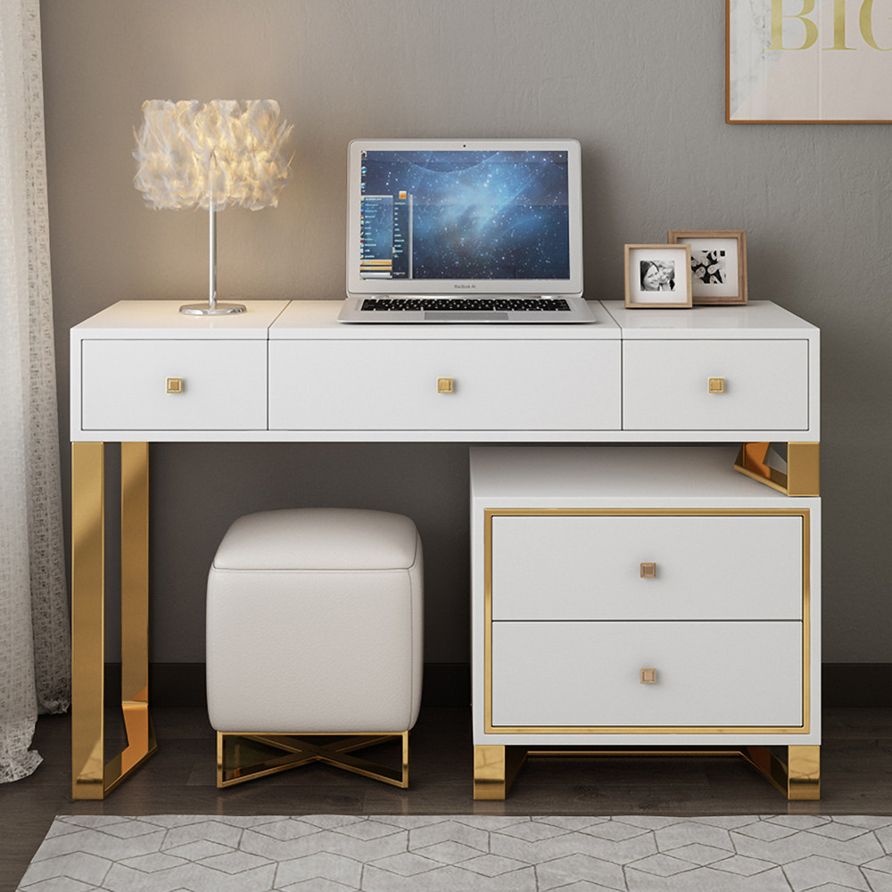 White 2-in-1 Makeup Vanity with Flip Top Mirror & 4 Drawers Modern Writing Table | Homary