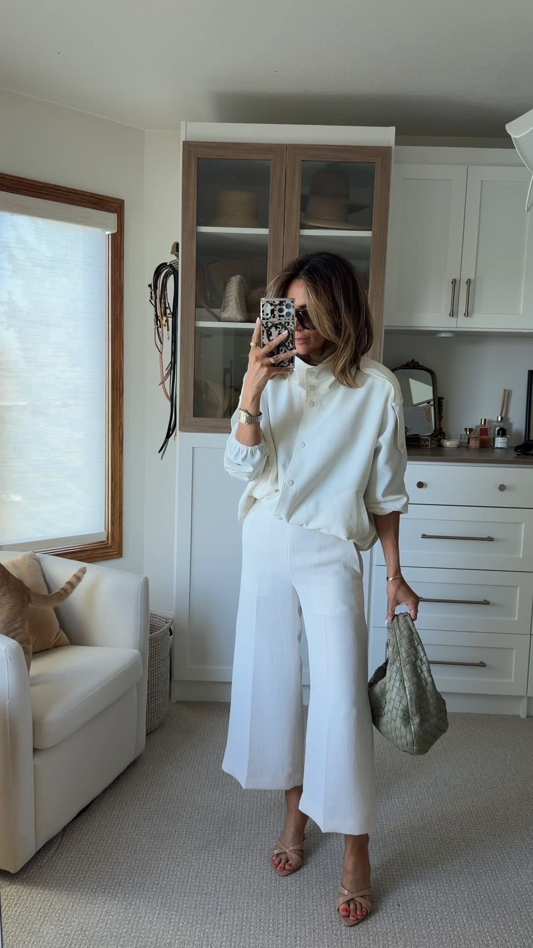 Coolest high collar jacket with elastic cuffs and snap buttons styled with a fine knit sweater and crop crepette pants - xs on tops and 2 on bottom 

#LTKgrwm #LTKOver40 #LTKootd