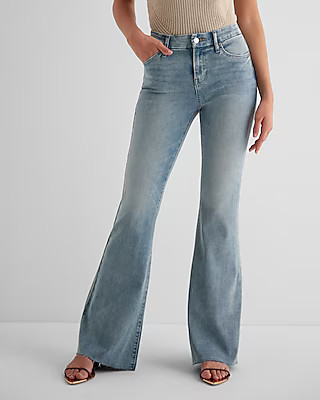 Mid Rise Light Wash Raw Hem Flexx '70s Flare Jeans | Express